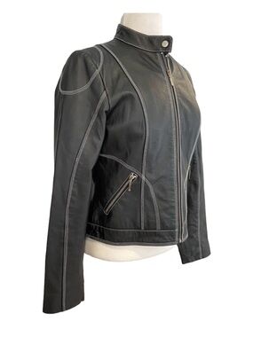 BGN & Co Genuine Leather Moto Biker Jacket Women M Black Fitted ZipUp Coat lined